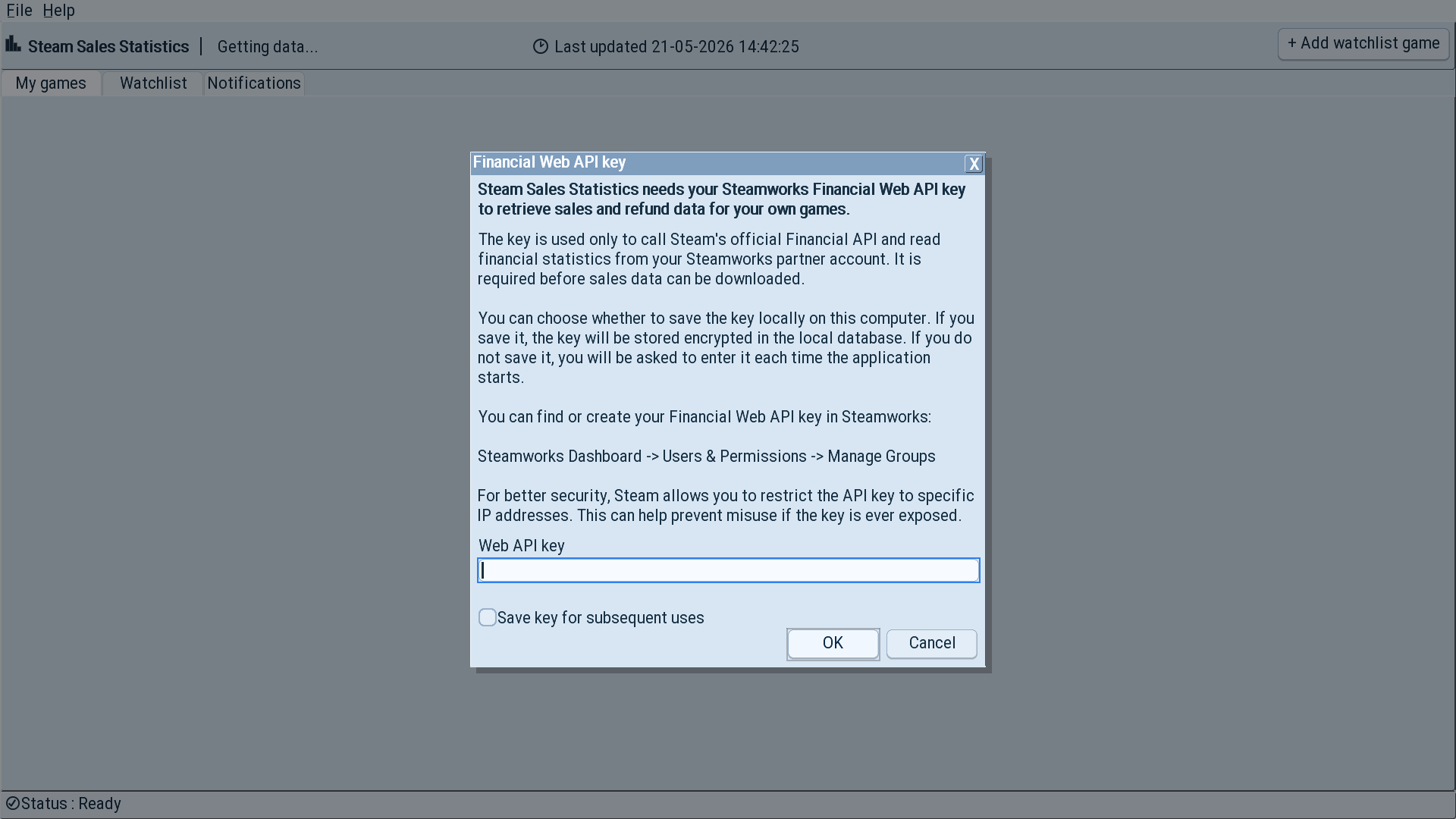 Dialog explaining the Financial Web API key used by Steam Sales Statistics